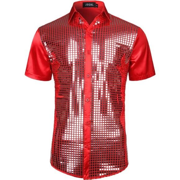 Mens 70s Disco Costume Silver Sequins Short Sleeve Button Down Shirts,Red Silver - Picture 1 of 5